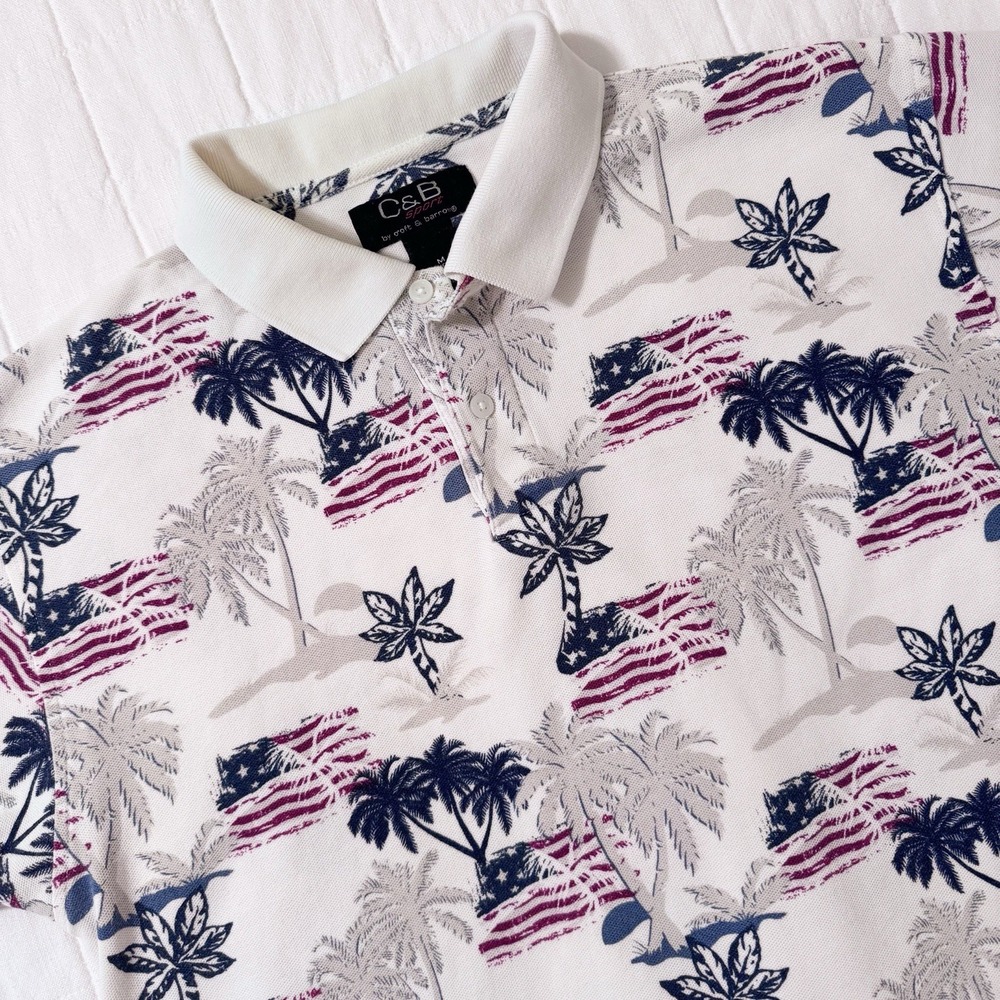 Men's American Flag Hawaiian Print‎ Polo MEDIUM C&B Sport Patriotic 100% Cotton